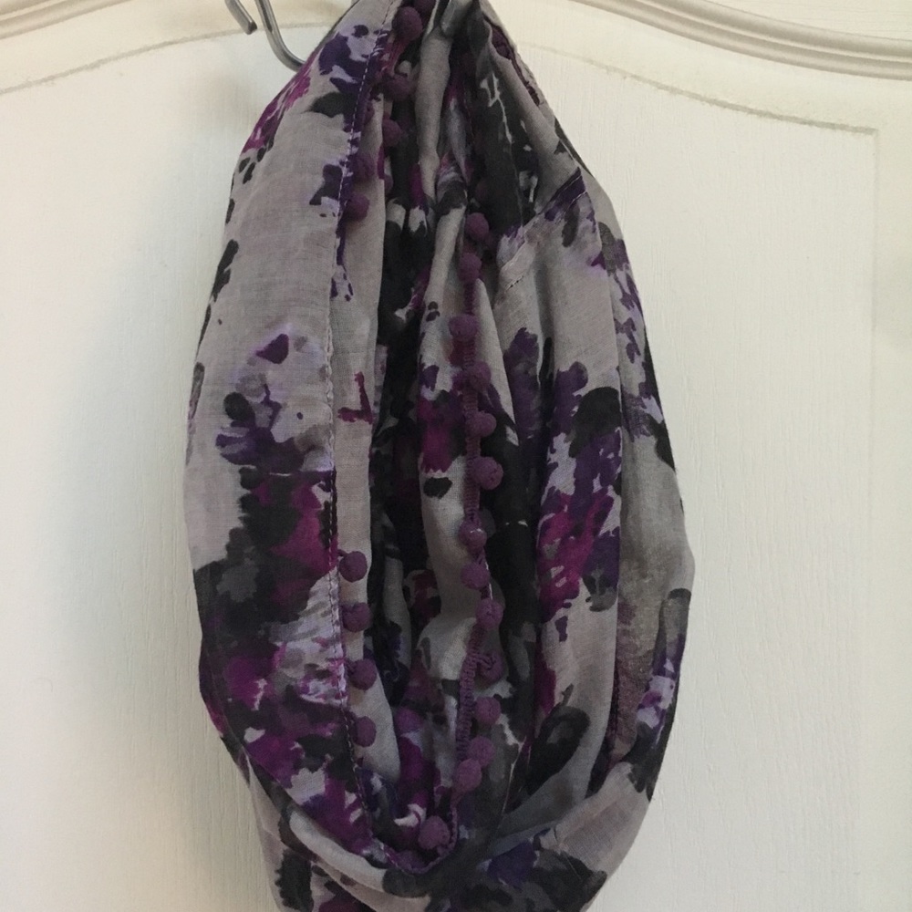 Purple Floral Scarf with Pom-Pom Lining
